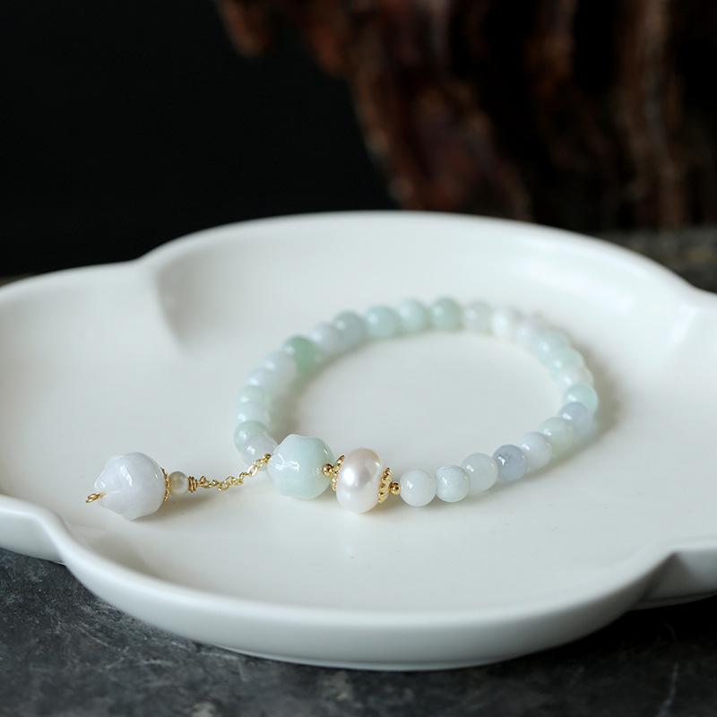 Original Natural Freshwater Pearl Noodles Jade Lotus Bracelet 14K Gilded Women&#039;s Valentine&#039;s Day Gift Jade Bracelet