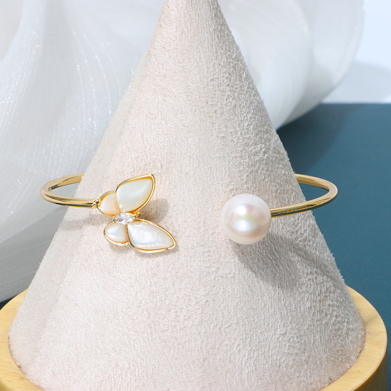 INS Style 14K Gold Injection Simple All-Match Butterfly Shell Freshwater Pearl Bracelet Strong Light Steamed Bread Beads Jewelry Wholesale