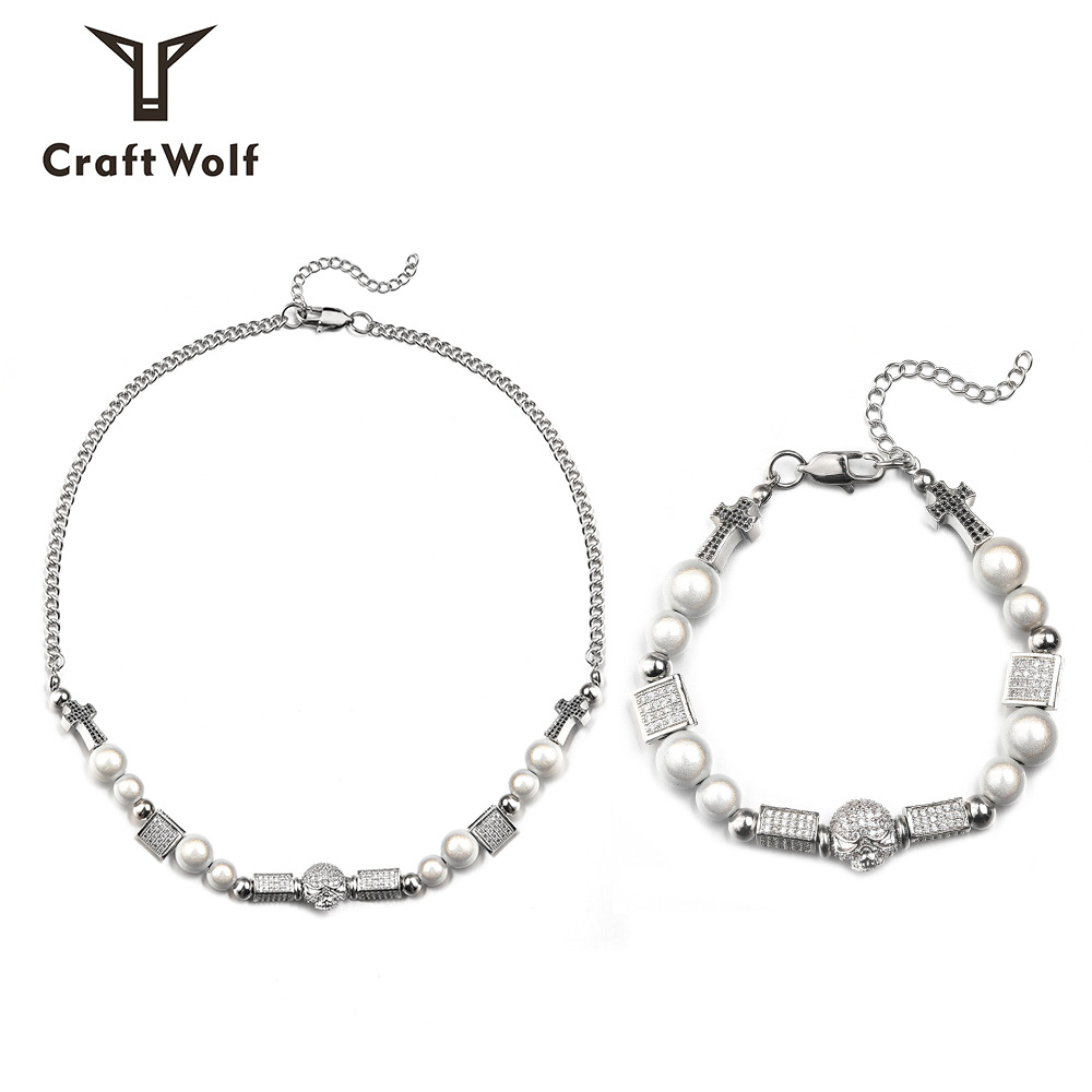 Trendy Partner Star Same Style Diamond Skull Necklace Bracelet Hipster Hip Hop Stainless Steel Bead Chain Pearl Chain