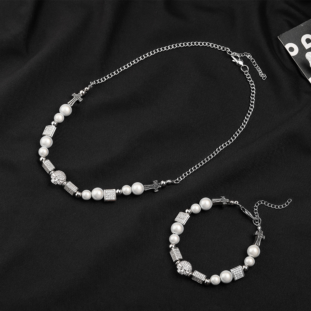 Trendy Partner Star Same Style Diamond Skull Necklace Bracelet Hipster Hip Hop Stainless Steel Bead Chain Pearl Chain