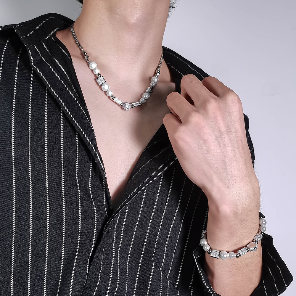 Trendy Partner Star Same Style Diamond Skull Necklace Bracelet Hipster Hip Hop Stainless Steel Bead Chain Pearl Chain