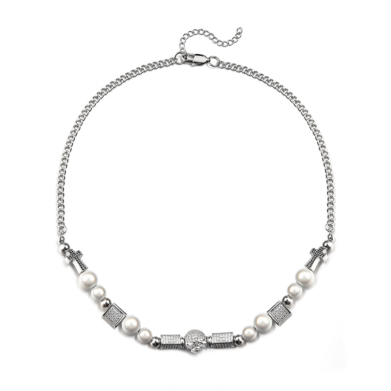 Trendy Partner Star Same Style Diamond Skull Necklace Bracelet Hipster Hip Hop Stainless Steel Bead Chain Pearl Chain