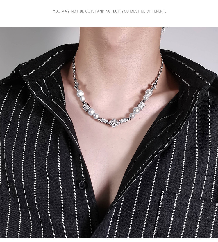 Trendy Partner Star Same Style Diamond Skull Necklace Bracelet Hipster Hip Hop Stainless Steel Bead Chain Pearl Chain