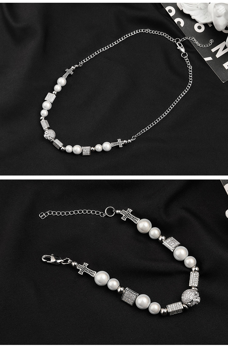 Trendy Partner Star Same Style Diamond Skull Necklace Bracelet Hipster Hip Hop Stainless Steel Bead Chain Pearl Chain