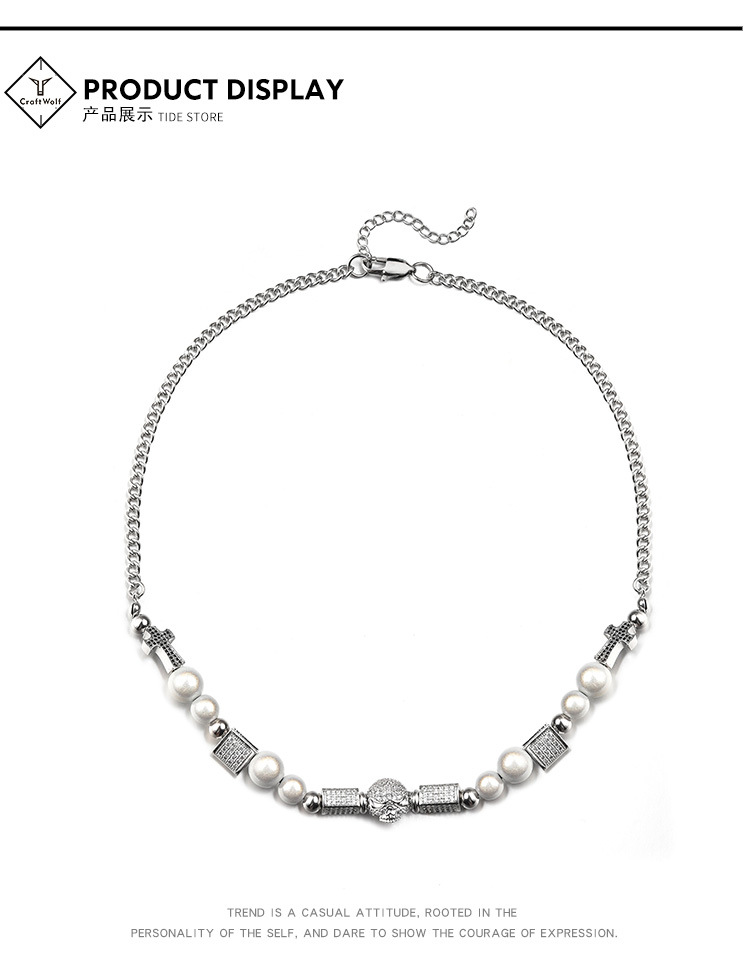 Trendy Partner Star Same Style Diamond Skull Necklace Bracelet Hipster Hip Hop Stainless Steel Bead Chain Pearl Chain