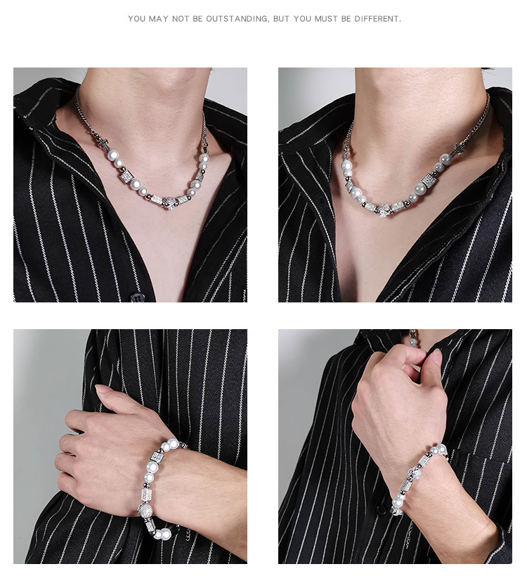 Trendy Partner Star Same Style Diamond Skull Necklace Bracelet Hipster Hip Hop Stainless Steel Bead Chain Pearl Chain