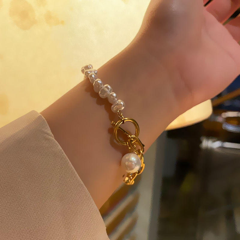 Women&#039;s Korean-Style Simple Titanium Steel Pearl Bracelet Ins Love Star Moon Double-Layer Stainless Steel Cuban Link Chain Trendy Bracelet