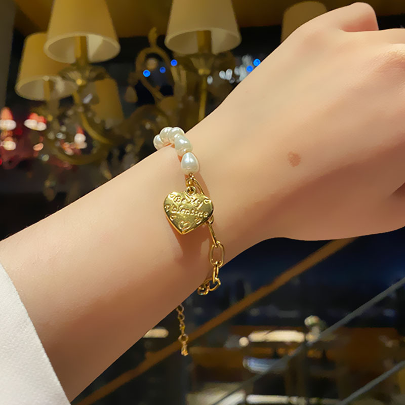 Women's Korean-Style Simple Titanium Steel Pearl Bracelet Ins Love Star Moon Double-Layer Stainless Steel Cuban Link Chain Trendy Bracelet Women's Korean-Style Simple Titanium Steel Pearl Bracelet Ins Love Star Moon Double-Layer Stainless Steel Cuban Link Chain Trendy Bracelet