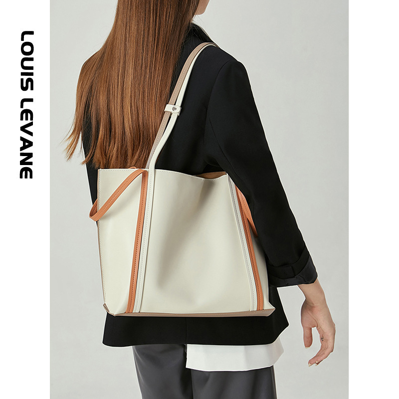 Cowhide Colorblock Tote Bag Female 2021winter New Shoulder Underarm Bag Commuter Computer Bag Handbags for Moms Tide