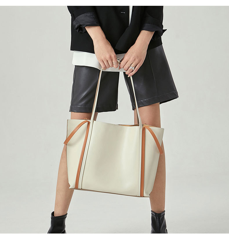 Cowhide Colorblock Tote Bag Female 2021winter New Shoulder Underarm Bag Commuter Computer Bag Handbags for Moms Tide