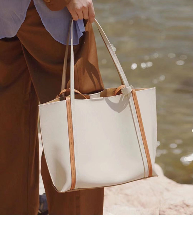 Cowhide Colorblock Tote Bag Female 2021winter New Shoulder Underarm Bag Commuter Computer Bag Handbags for Moms Tide