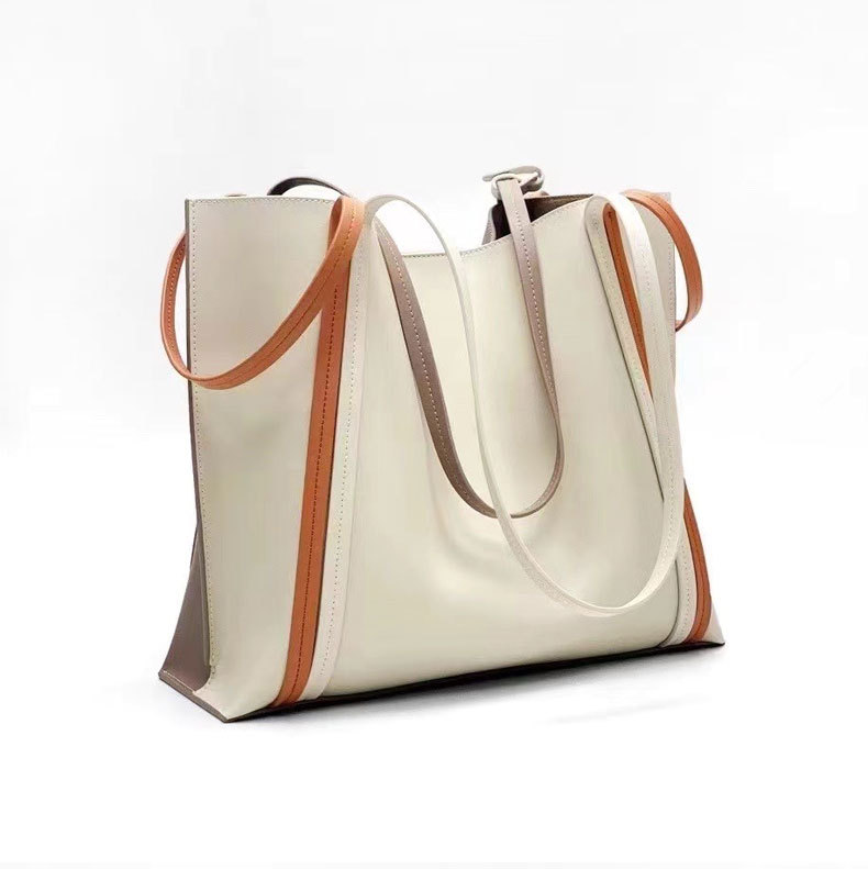 Cowhide Colorblock Tote Bag Female 2021winter New Shoulder Underarm Bag Commuter Computer Bag Handbags for Moms Tide