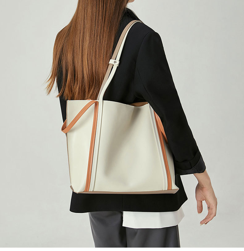 Cowhide Colorblock Tote Bag Female 2021winter New Shoulder Underarm Bag Commuter Computer Bag Handbags for Moms Tide