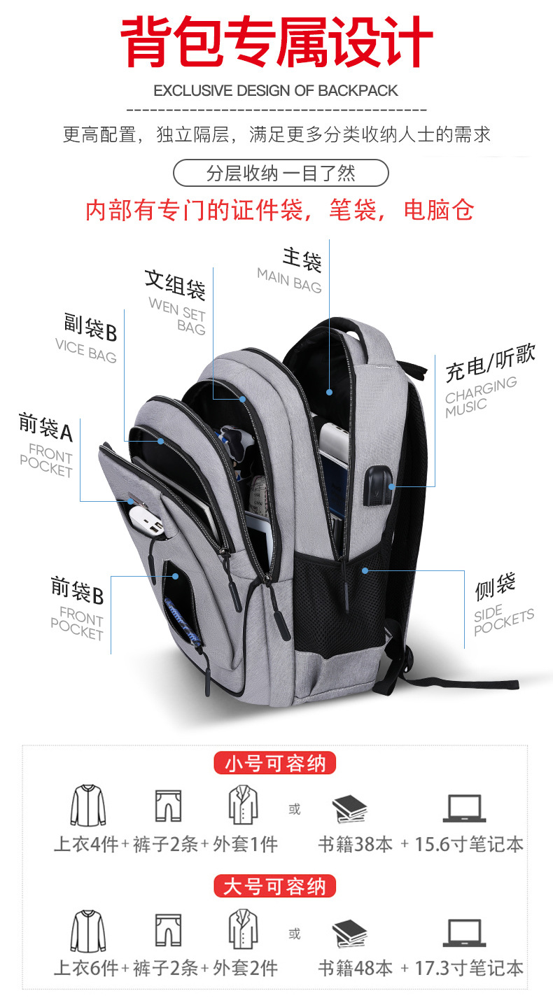 Men's Large Capacity Backpack Rechargeable USB Business Computer Bag Casual Backpack Early High School Student Schoolbag
