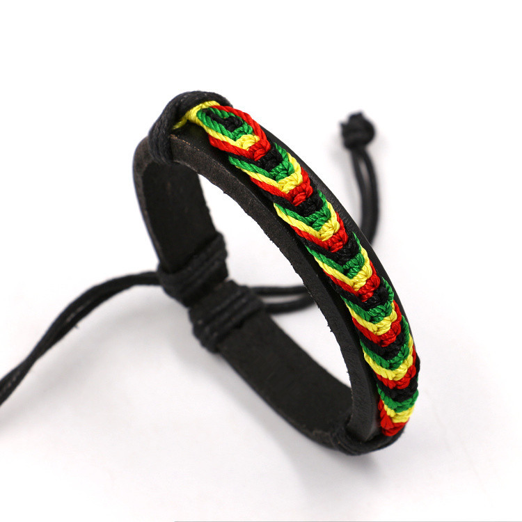 Factory Direct Sales Black Red Yellow Green Four-Color Woven Leather Bracelet Jamaica Reggae Leather Bracelet Wrist Ring