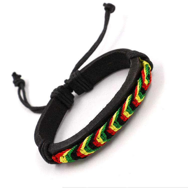 Factory Direct Sales Black Red Yellow Green Four-Color Woven Leather Bracelet Jamaica Reggae Leather Bracelet Wrist Ring