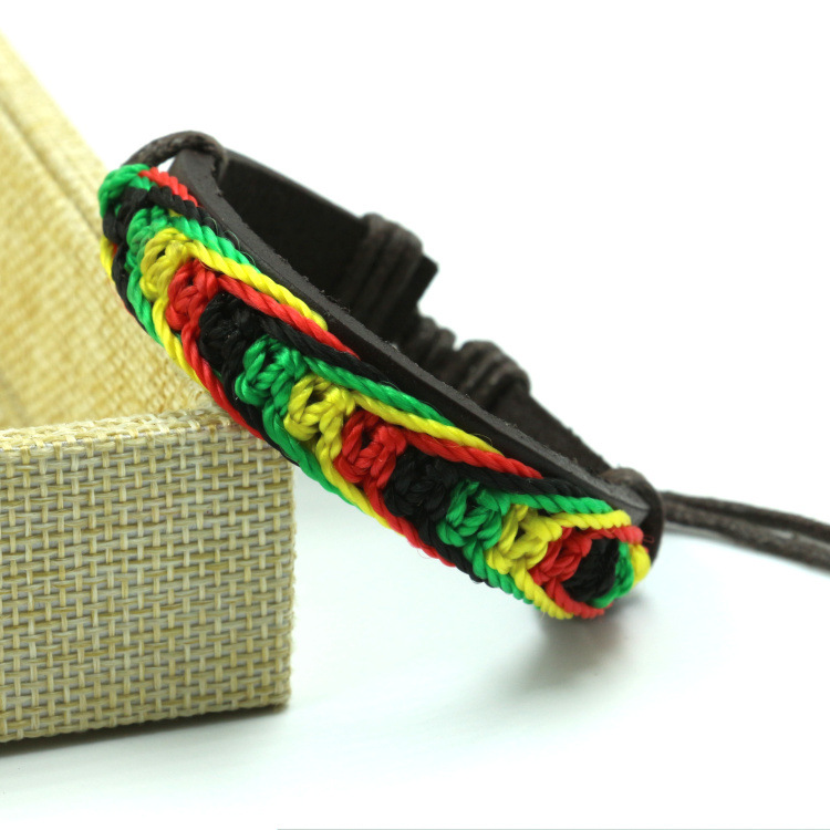 Factory Direct Sales Black Red Yellow Green Four-Color Woven Leather Bracelet Jamaica Reggae Leather Bracelet Wrist Ring