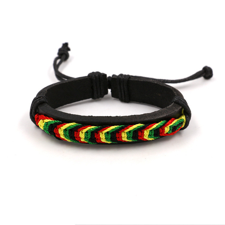 Factory Direct Sales Black Red Yellow Green Four-Color Woven Leather Bracelet Jamaica Reggae Leather Bracelet Wrist Ring