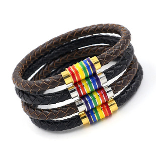 Factory Direct Sales Black Red Yellow Green Four-Color Woven Leather Bracelet Jamaica Reggae Leather Bracelet Wrist Ring