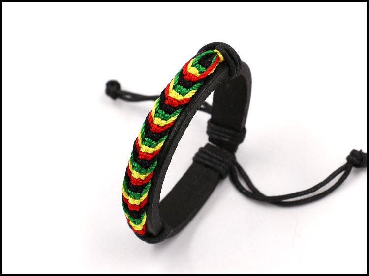 Factory Direct Sales Black Red Yellow Green Four-Color Woven Leather Bracelet Jamaica Reggae Leather Bracelet Wrist Ring