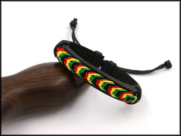 Factory Direct Sales Black Red Yellow Green Four-Color Woven Leather Bracelet Jamaica Reggae Leather Bracelet Wrist Ring