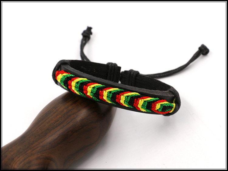 Factory Direct Sales Black Red Yellow Green Four-Color Woven Leather Bracelet Jamaica Reggae Leather Bracelet Wrist Ring