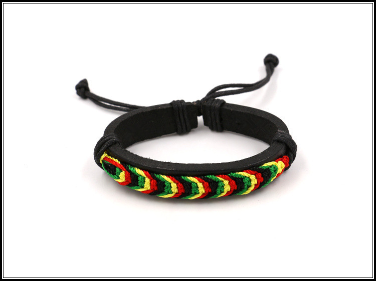 Factory Direct Sales Black Red Yellow Green Four-Color Woven Leather Bracelet Jamaica Reggae Leather Bracelet Wrist Ring