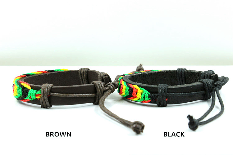 Factory Direct Sales Black Red Yellow Green Four-Color Woven Leather Bracelet Jamaica Reggae Leather Bracelet Wrist Ring