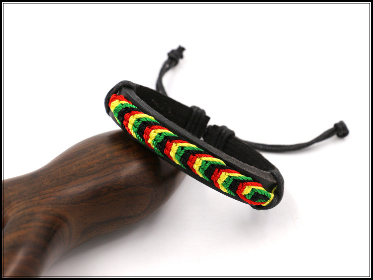 Factory Direct Sales Black Red Yellow Green Four-Color Woven Leather Bracelet Jamaica Reggae Leather Bracelet Wrist Ring