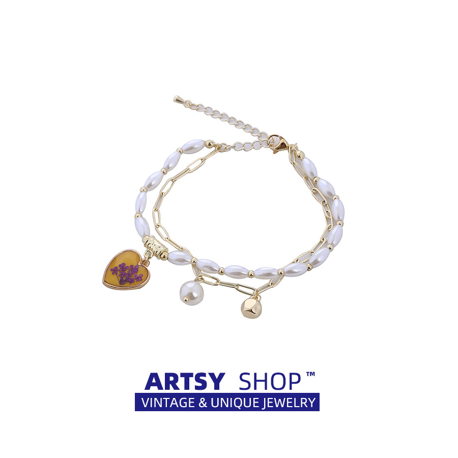 Artsyshop Yellow Dripping Oil Heart Bracelet Korean Design Golden Temperament Pearl Double Layer Niche Bracelet