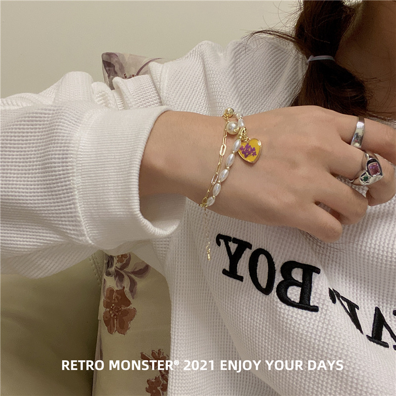 Artsyshop Yellow Dripping Oil Heart Bracelet Korean Design Golden Temperament Pearl Double Layer Niche Bracelet
