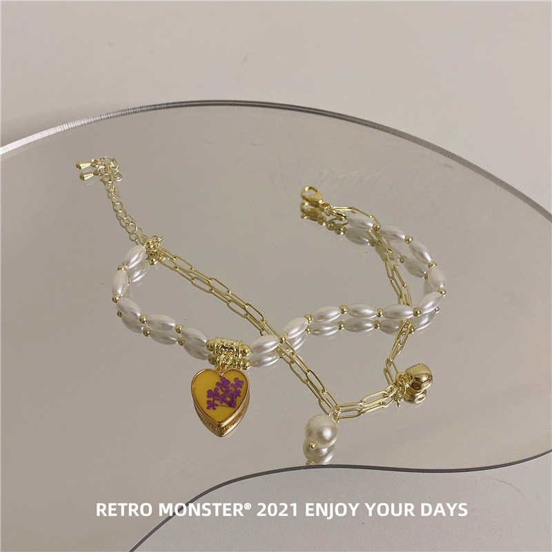 Artsyshop Yellow Dripping Oil Heart Bracelet Korean Design Golden Temperament Pearl Double Layer Niche Bracelet