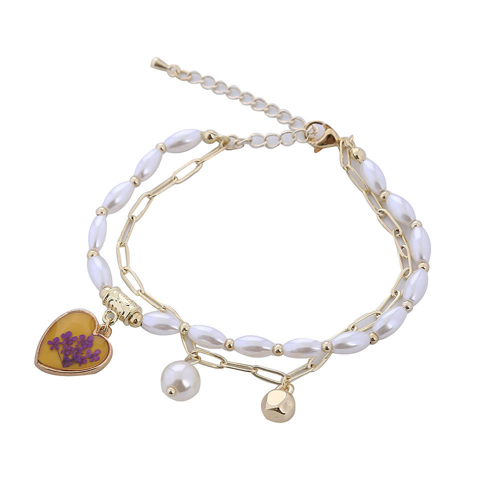 Artsyshop Yellow Dripping Oil Heart Bracelet Korean Design Golden Temperament Pearl Double Layer Niche Bracelet