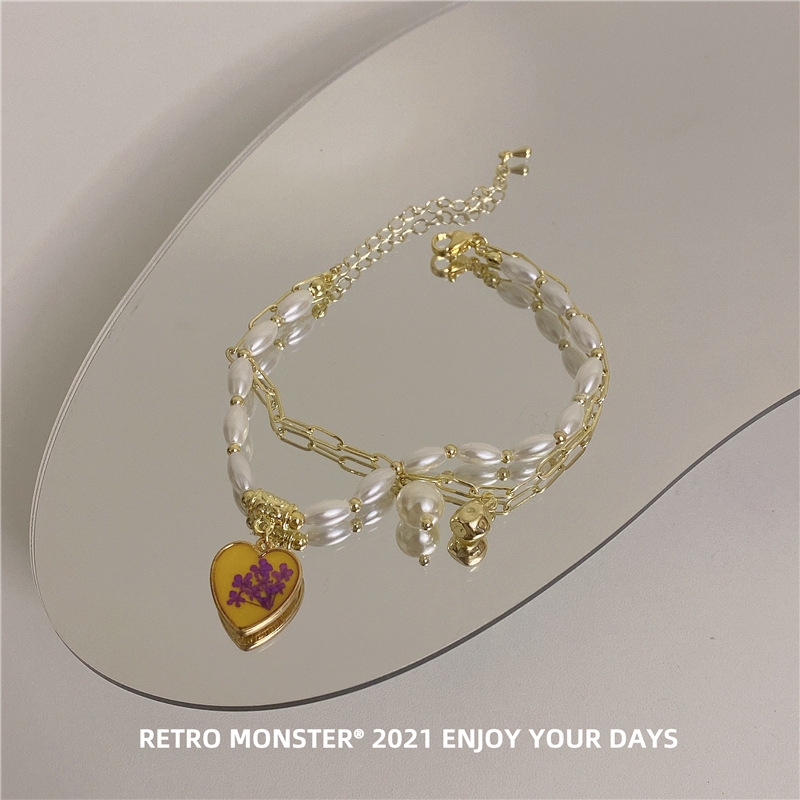 Artsyshop Yellow Dripping Oil Heart Bracelet Korean Design Golden Temperament Pearl Double Layer Niche Bracelet