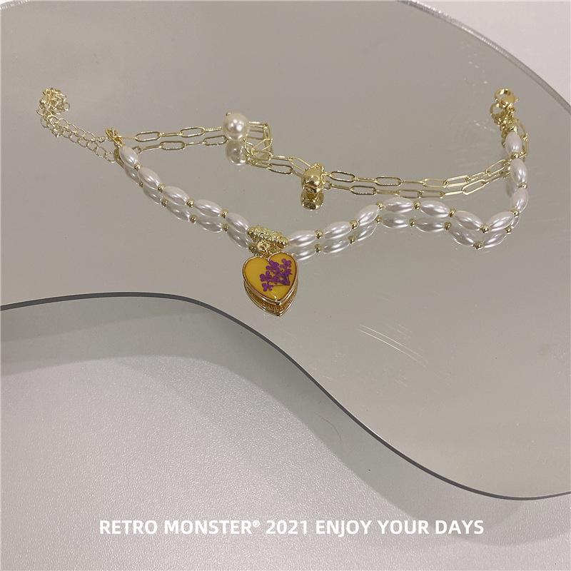 Artsyshop Yellow Dripping Oil Heart Bracelet Korean Design Golden Temperament Pearl Double Layer Niche Bracelet