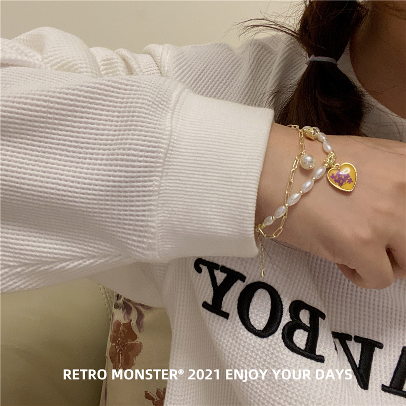 Artsyshop Yellow Dripping Oil Heart Bracelet Korean Design Golden Temperament Pearl Double Layer Niche Bracelet