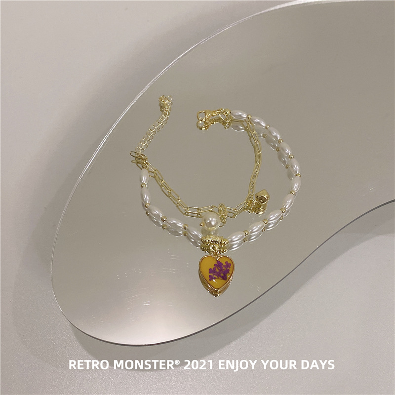 Artsyshop Yellow Dripping Oil Heart Bracelet Korean Design Golden Temperament Pearl Double Layer Niche Bracelet