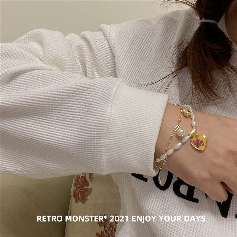 Artsyshop Yellow Dripping Oil Heart Bracelet Korean Design Golden Temperament Pearl Double Layer Niche Bracelet