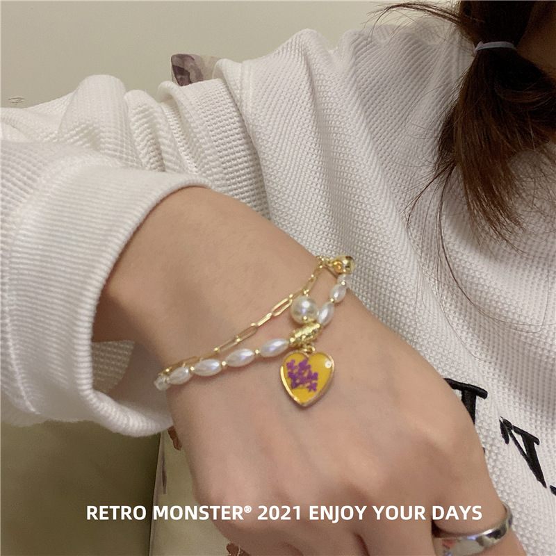 Artsyshop Yellow Dripping Oil Heart Bracelet Korean Design Golden Temperament Pearl Double Layer Niche Bracelet