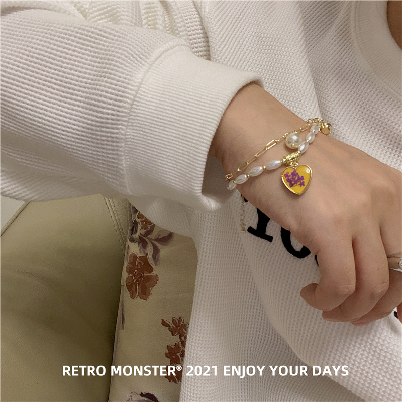Artsyshop Yellow Dripping Oil Heart Bracelet Korean Design Golden Temperament Pearl Double Layer Niche Bracelet
