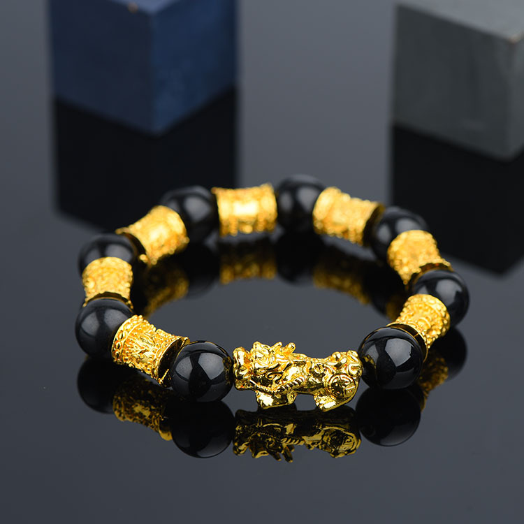 Vietnam Brass Alluvial Gold Color Retaining Yellow Gold Pi Xiu Bracelet Imitation 3D Hard Pure Gold Picchu Alluvial Gold Bracelet Non-Fading Jewelry