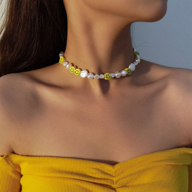 Niche Design Yellow Smiley Pearl Necklace Simple Graceful Irregular European and American Smiley Necklace, Bracelet Set