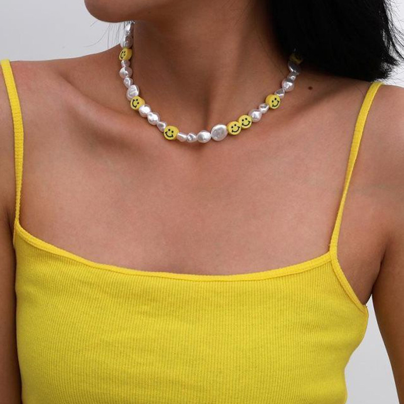 Niche Design Yellow Smiley Pearl Necklace Simple Graceful Irregular European and American Smiley Necklace, Bracelet Set Niche Design Yellow Smiley Pearl Necklace Simple Graceful Irregular European and American Smiley Necklace, Bracelet Set