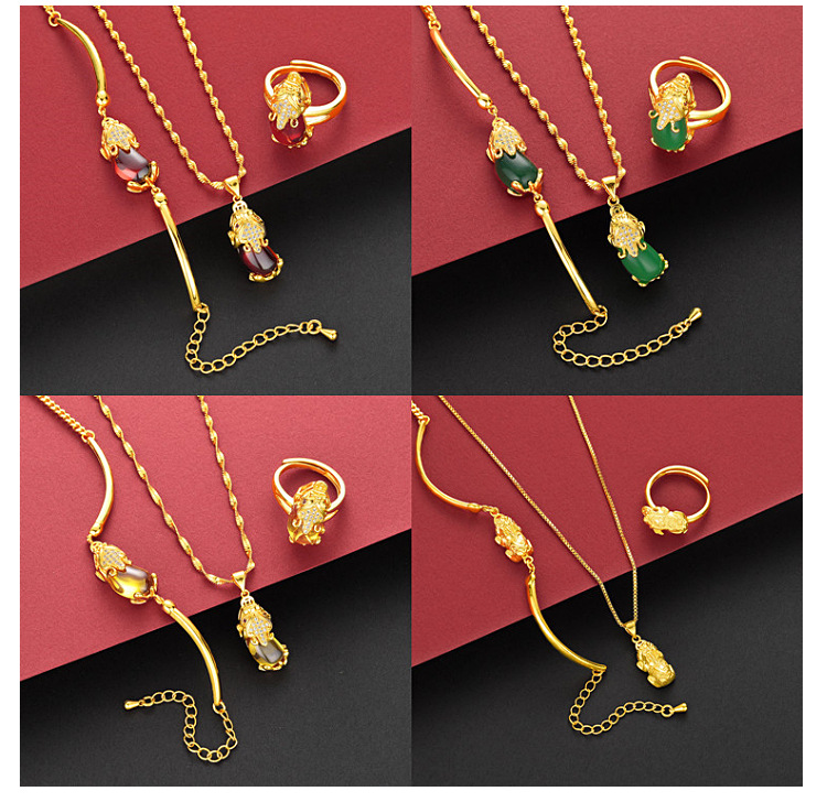 Vietnam Placer Gold Red Green Yellow Agate Pi Xiu Bracelet Set Brass Gold Plated 24K Women's Fashion Three-Piece Set Jewelry