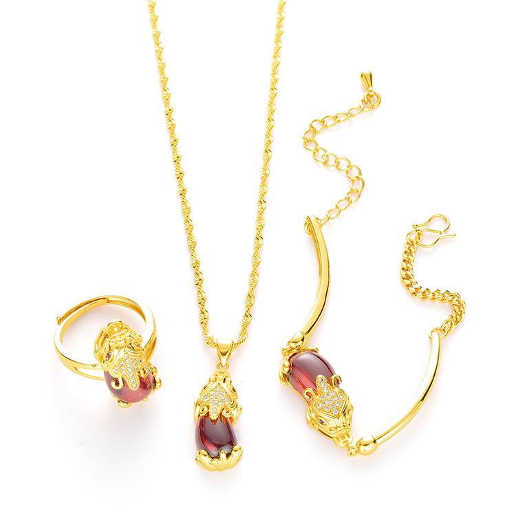 Vietnam Placer Gold Red Green Yellow Agate Pi Xiu Bracelet Set Brass Gold Plated 24K Women&#039;s Fashion Three-Piece Set Jewelry