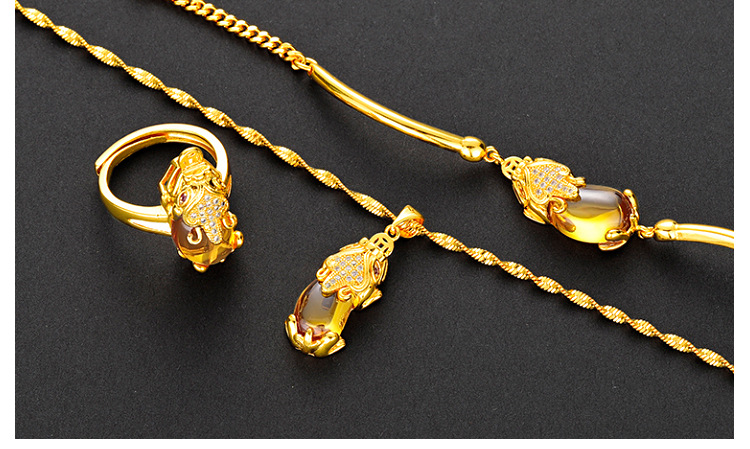 Vietnam Placer Gold Red Green Yellow Agate Pi Xiu Bracelet Set Brass Gold Plated 24K Women's Fashion Three-Piece Set Jewelry