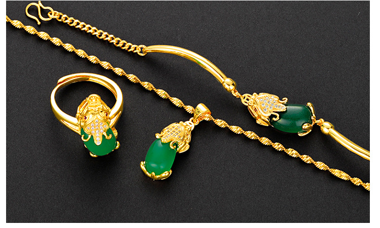 Vietnam Placer Gold Red Green Yellow Agate Pi Xiu Bracelet Set Brass Gold Plated 24K Women's Fashion Three-Piece Set Jewelry