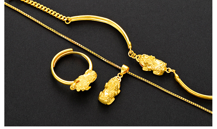 Vietnam Placer Gold Red Green Yellow Agate Pi Xiu Bracelet Set Brass Gold Plated 24K Women's Fashion Three-Piece Set Jewelry