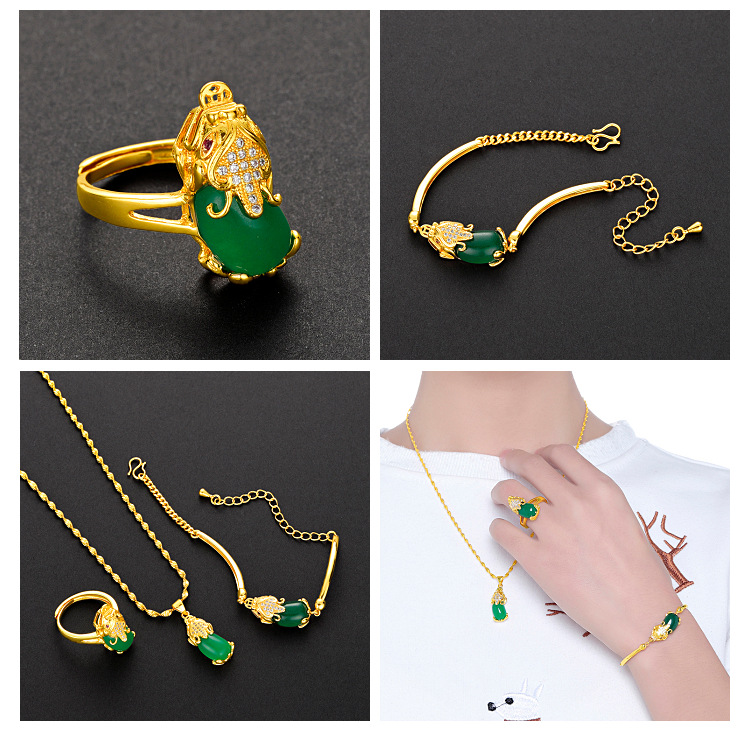 Vietnam Placer Gold Red Green Yellow Agate Pi Xiu Bracelet Set Brass Gold Plated 24K Women's Fashion Three-Piece Set Jewelry