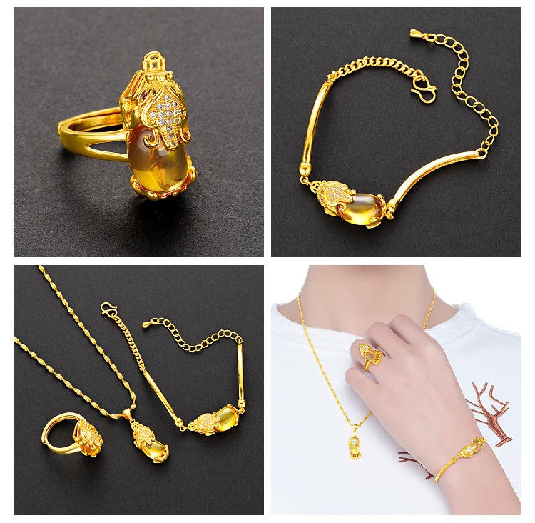 Vietnam Placer Gold Red Green Yellow Agate Pi Xiu Bracelet Set Brass Gold Plated 24K Women's Fashion Three-Piece Set Jewelry
